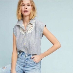 Anthropologie Striped Blue and White Button-Down Top with Lace Yoke